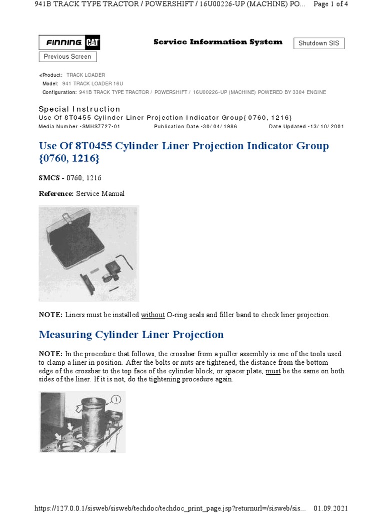 Use of 8T0455 Cylinder Liner Projection Indicator Group (0760, 1216