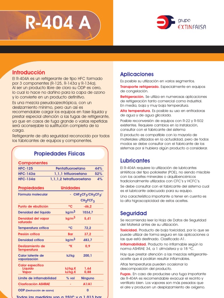 Ficha Técnica del Refrigerante R-404A | PDF | Lubricante | Temperatura