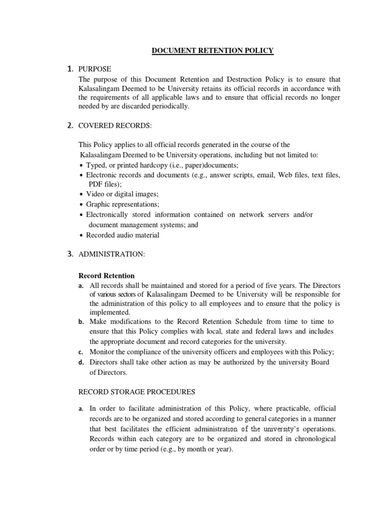 Document Retention Policy Overview | PDF | Employment | Government