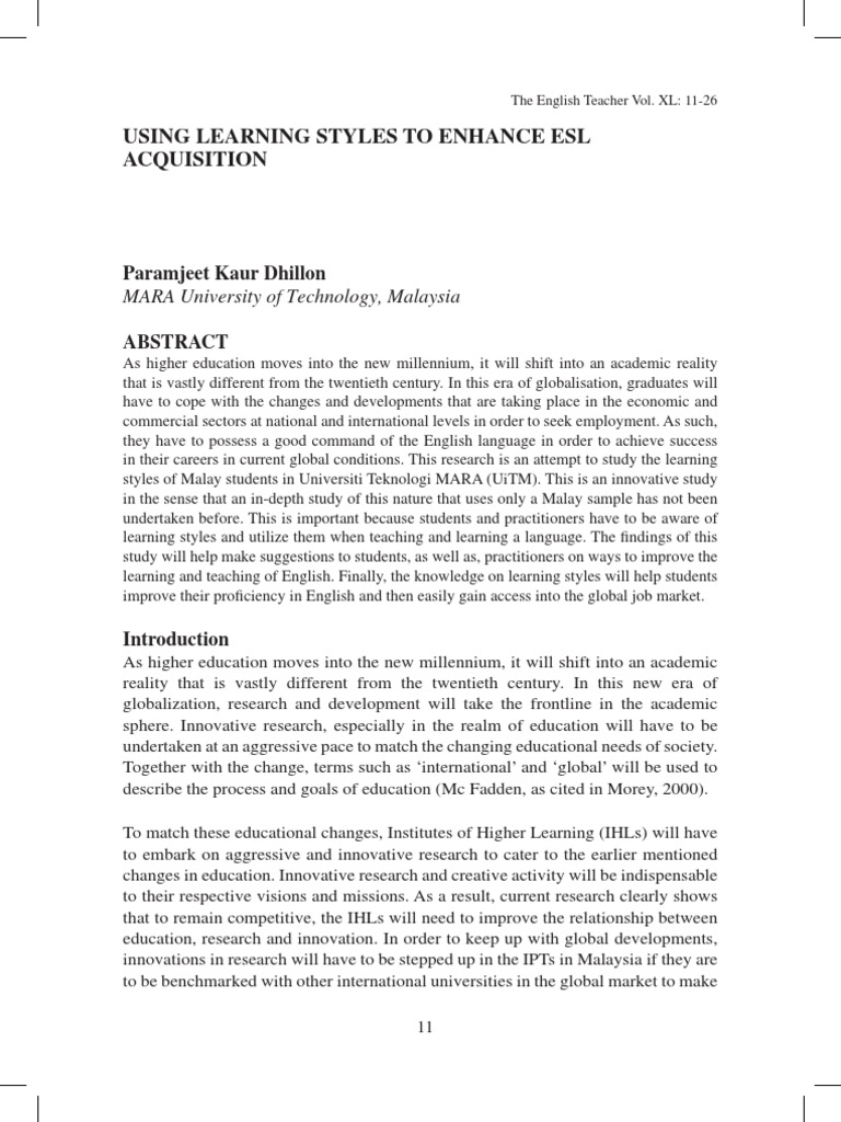 Enhancing ESL Acquisition via Learning Styles | PDF | Learning Styles ...