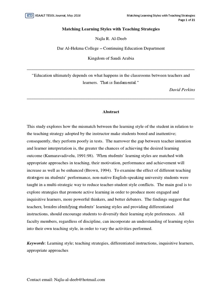 Matching Learning Styles With Teaching Strategies ALDEEB N May 2016