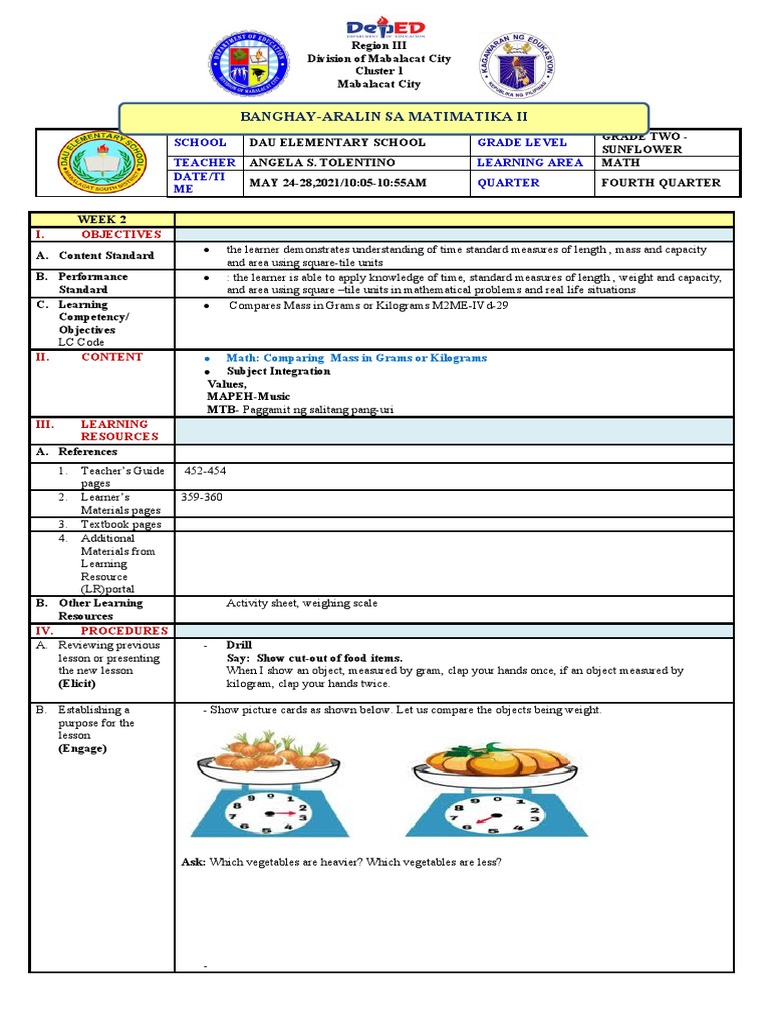 Cot 4 Math Comparing Gram and Kilogram 2020 2021 PDF Kilogram