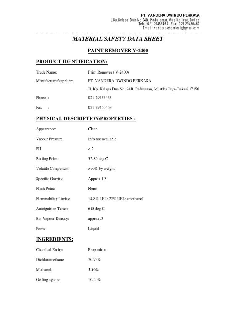 MSDS Paint Remover V2400 PDF Paint Toxicity