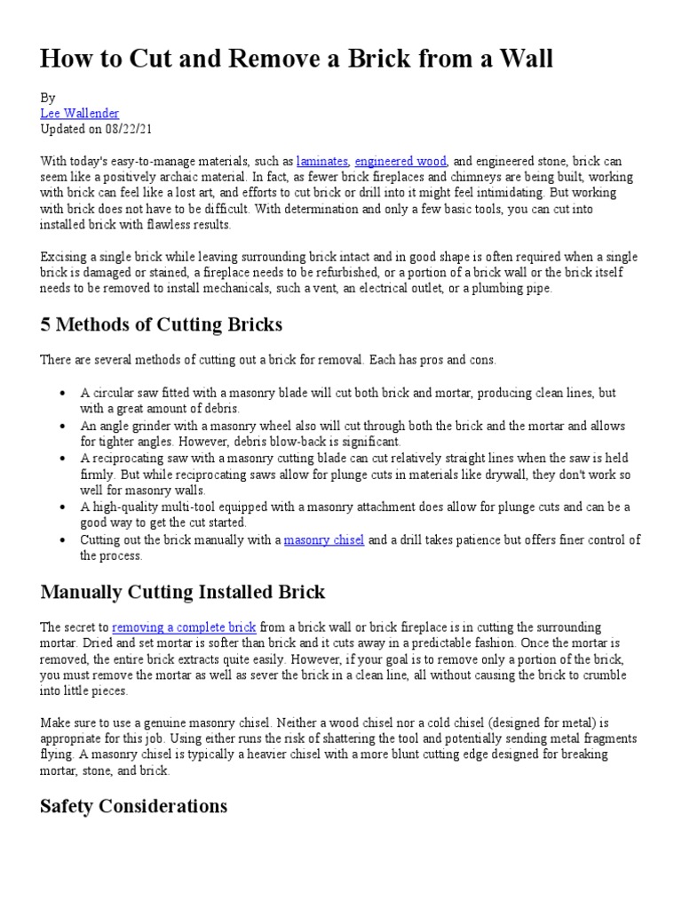How To Cut and Remove A Brick From A Wall | PDF | Brick | Drill