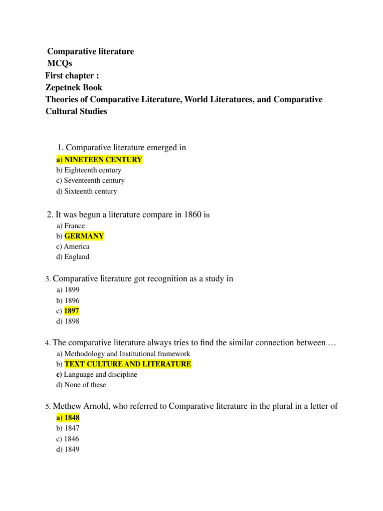 Comparative Literature Mcqs Pdf Cultural Studies Translations