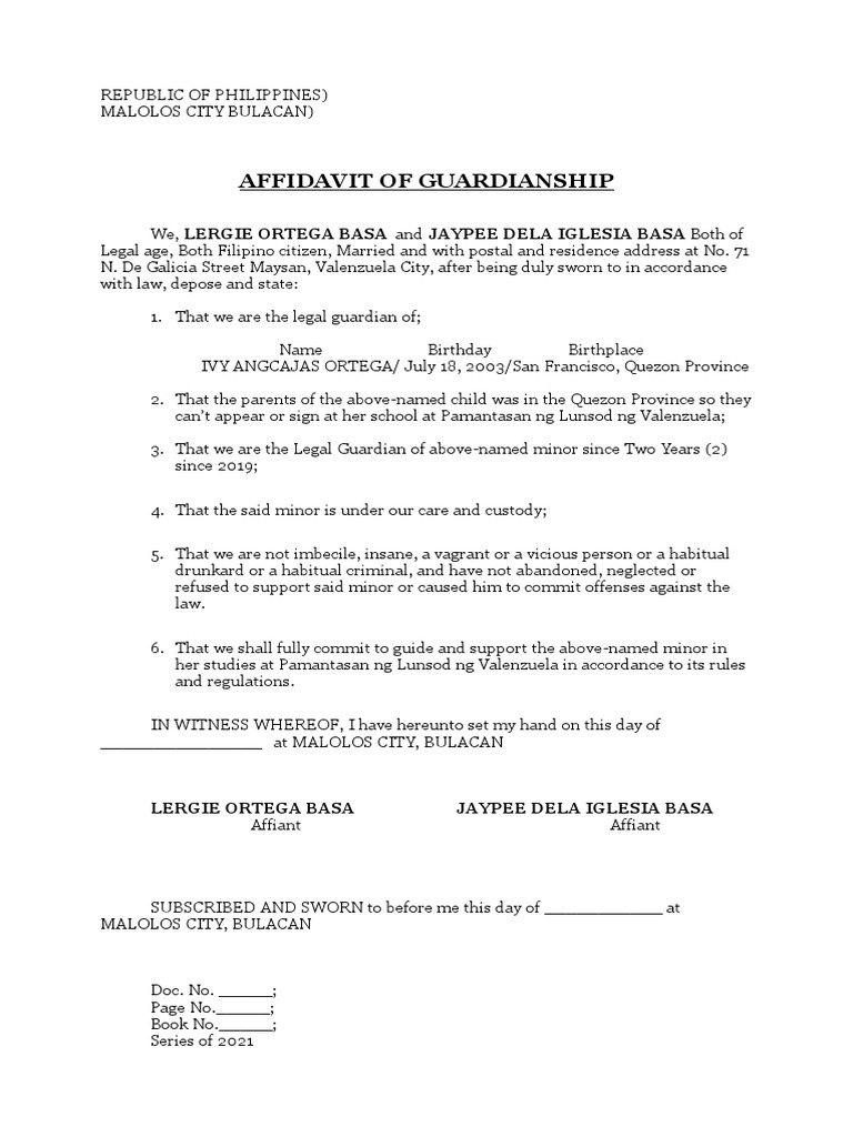 Affidavit of Guardianship Sample | PDF
