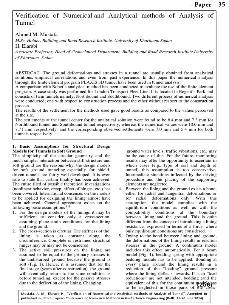 Verification of Numerical and Analytical Methods of Analysis of Tunnel ...