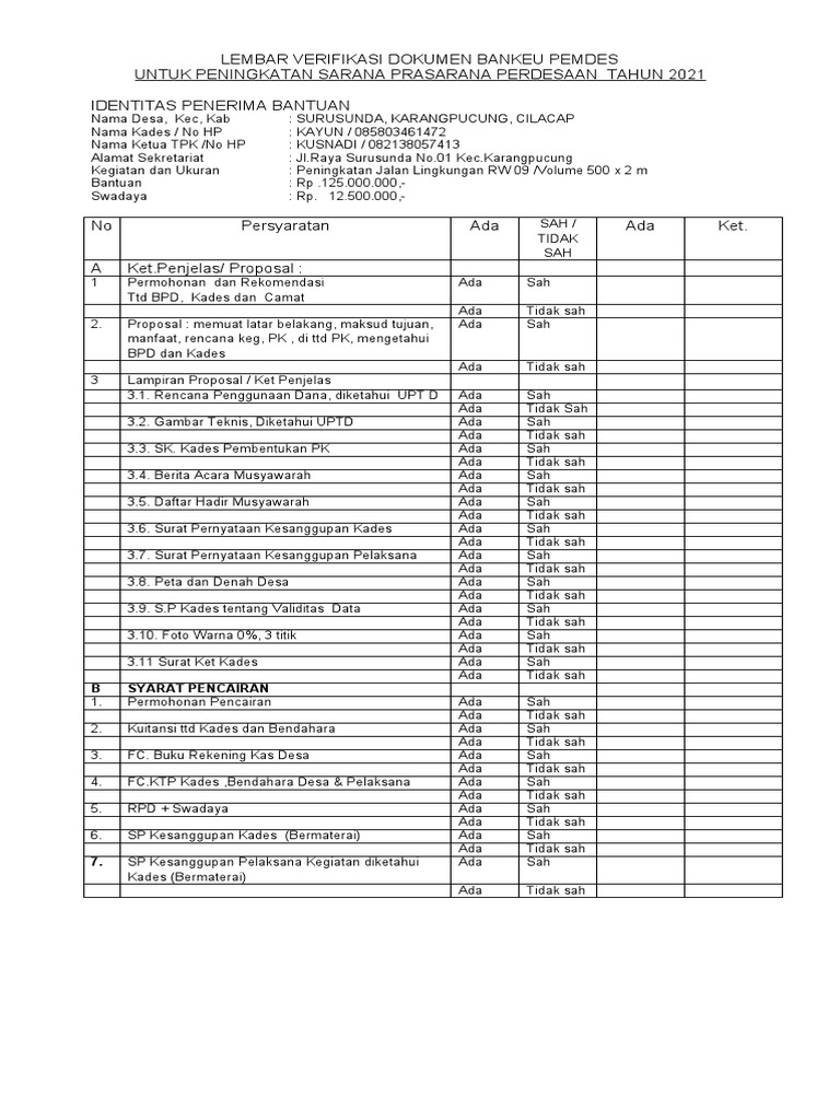 Verifikasi Bantuan Sarana Prasarana Desa | PDF