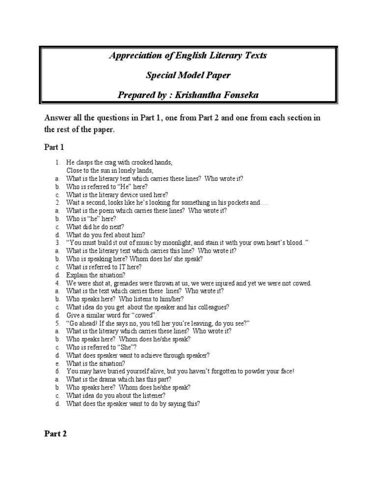 English Literary Texts Appreciation Guide | PDF | Poetry