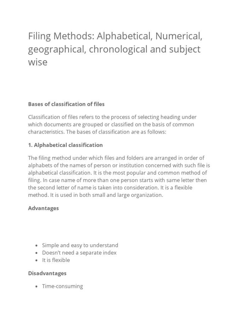 Filing methods alphabetical numerical geographical chronological