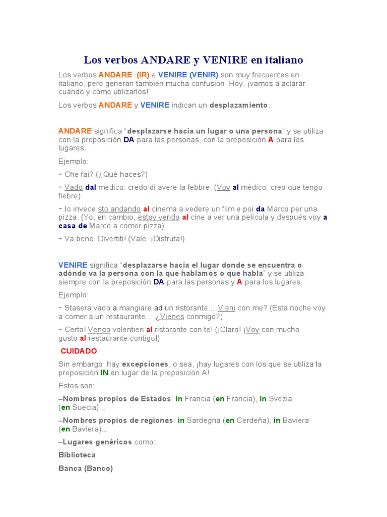 Los Verbos ANDARE y VENIRE en Italiano | PDF | Mecánica del lenguaje ...