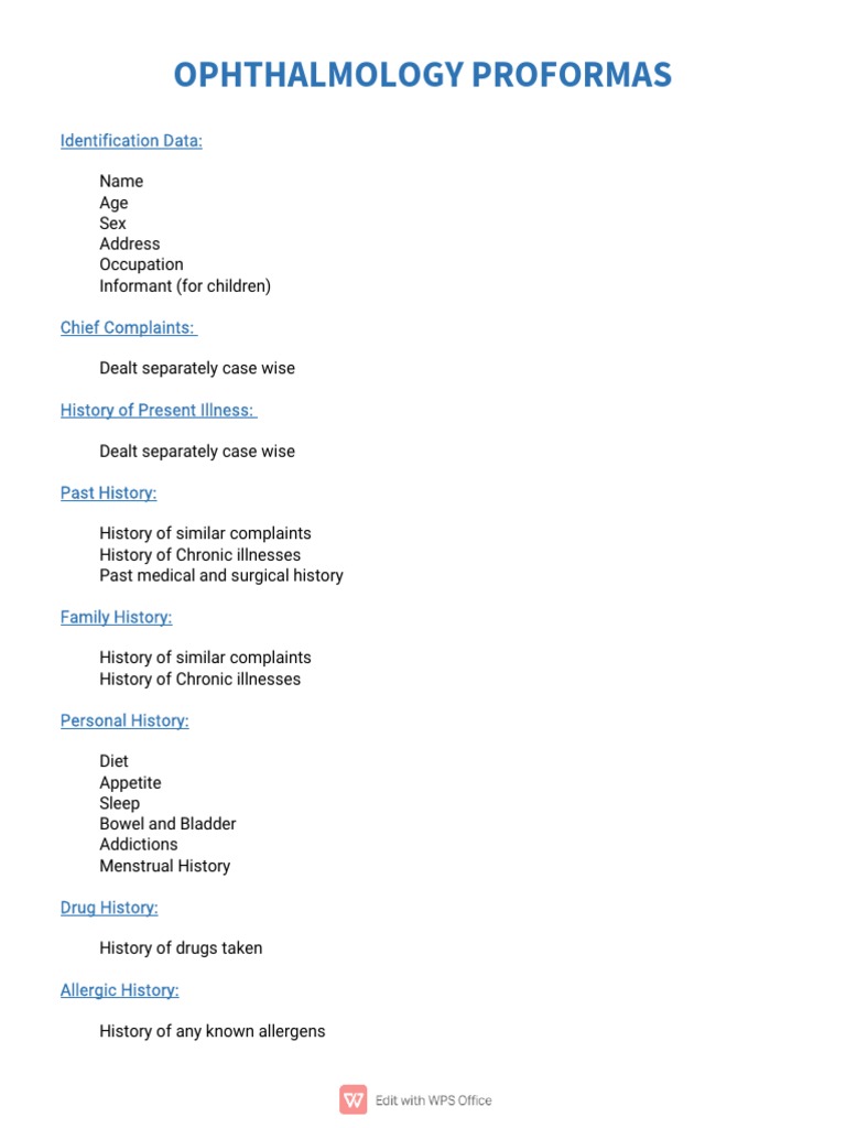 Ophthalmology Case Proforma Guide | PDF | Human Eye | Ophthalmology