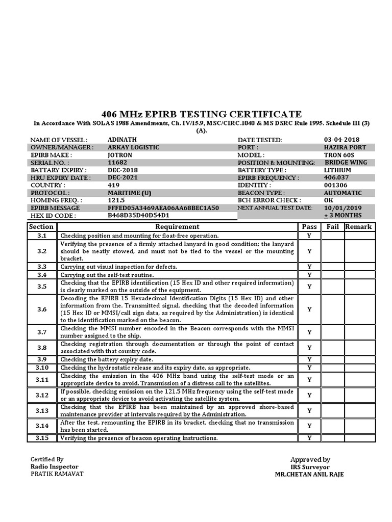 406 MHZ EPIRB TESTING CERTIFICATE PDF Service Industries Wireless