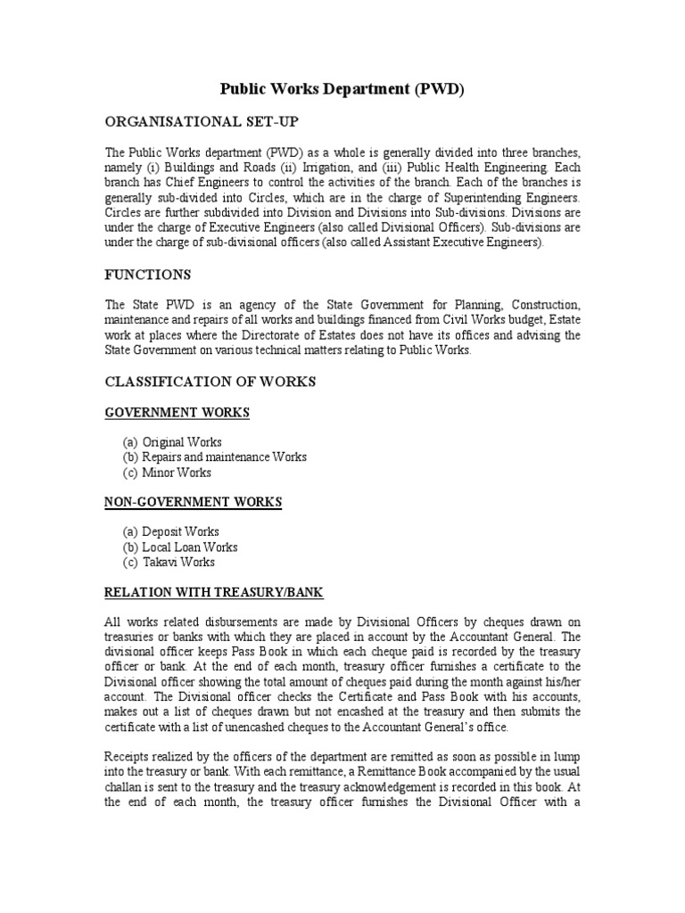 Public Works Department (PWD) : Organisational Set-Up | PDF | Receipt ...