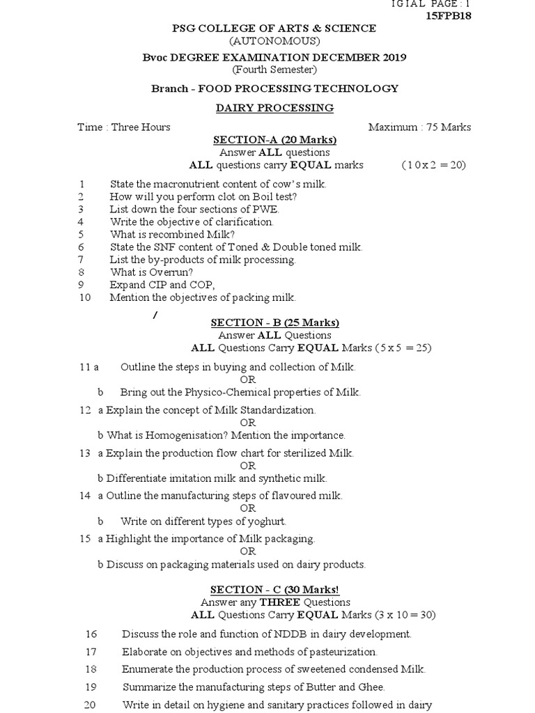 QuestionPaperDairy Processing PDF Milk Dairy
