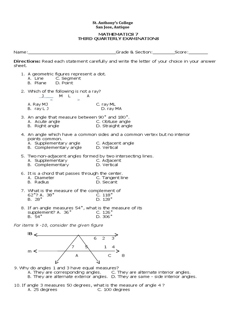 Math 7 3rd Quarter Exam And Answer Key PDF Angle Triangle