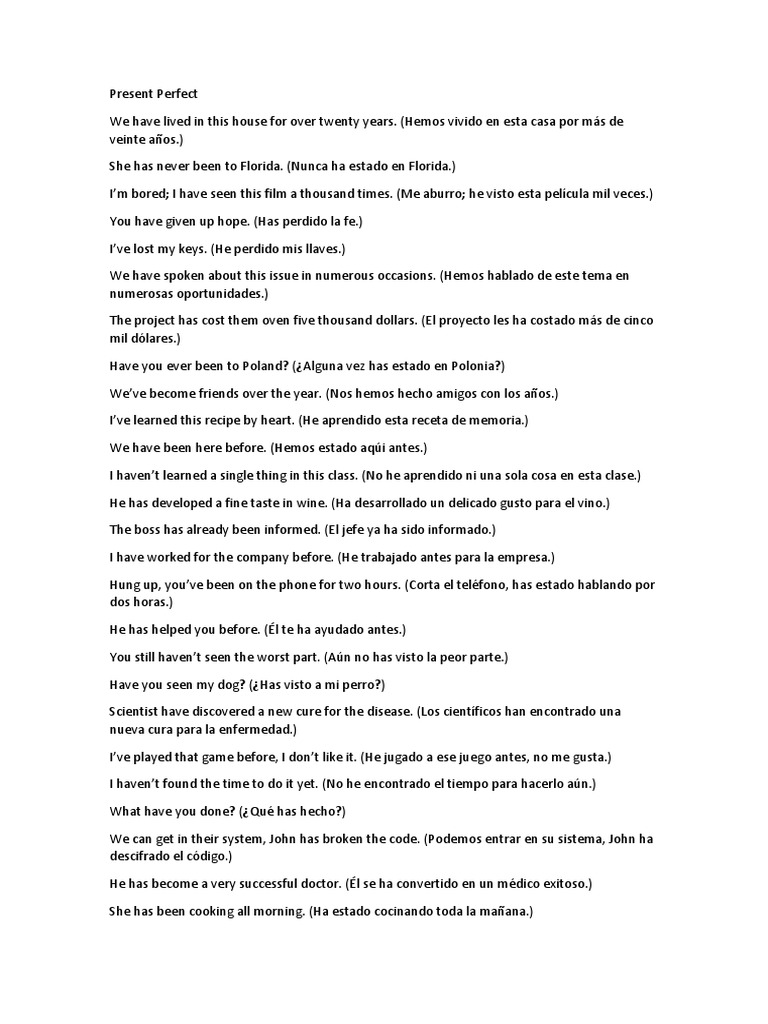 Ejemplos de Presente Perfecto en Inglés | PDF | Artes del Lenguaje y ...
