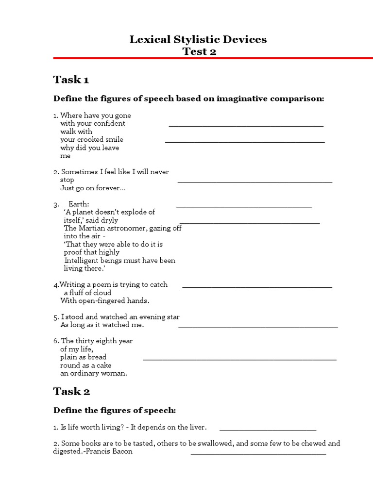 Lexical Stylistic Devices Test 2 Task 1: Define The Figures of Speech ...