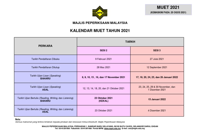 Kalendar MUET 2021 dan Tarikh Penting | PDF