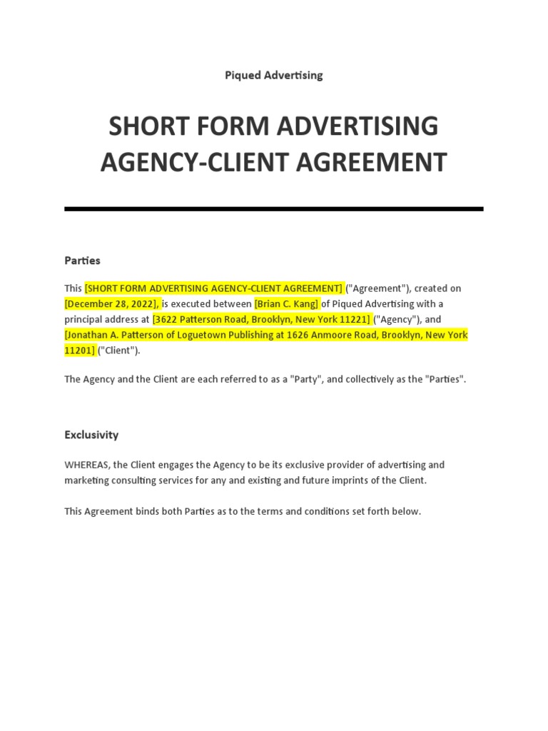Short Form Advertising Agency-Client Agreement Template | PDF 
