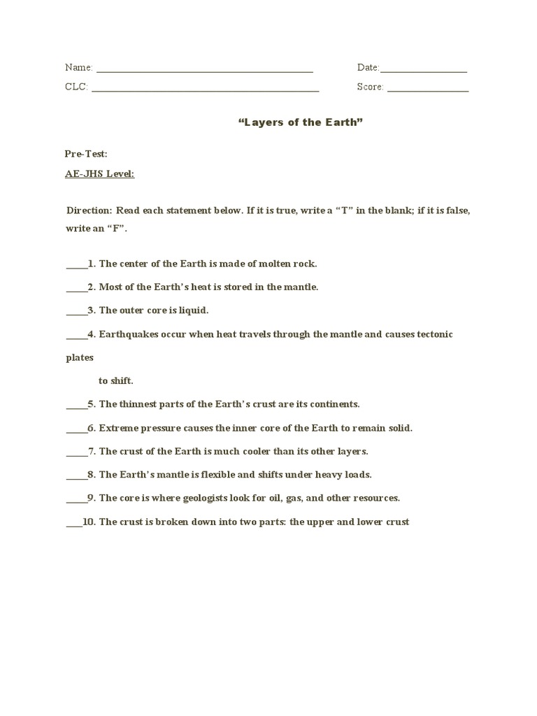 Understanding the Layers of the Earth: An Informational Pre-Test and ...