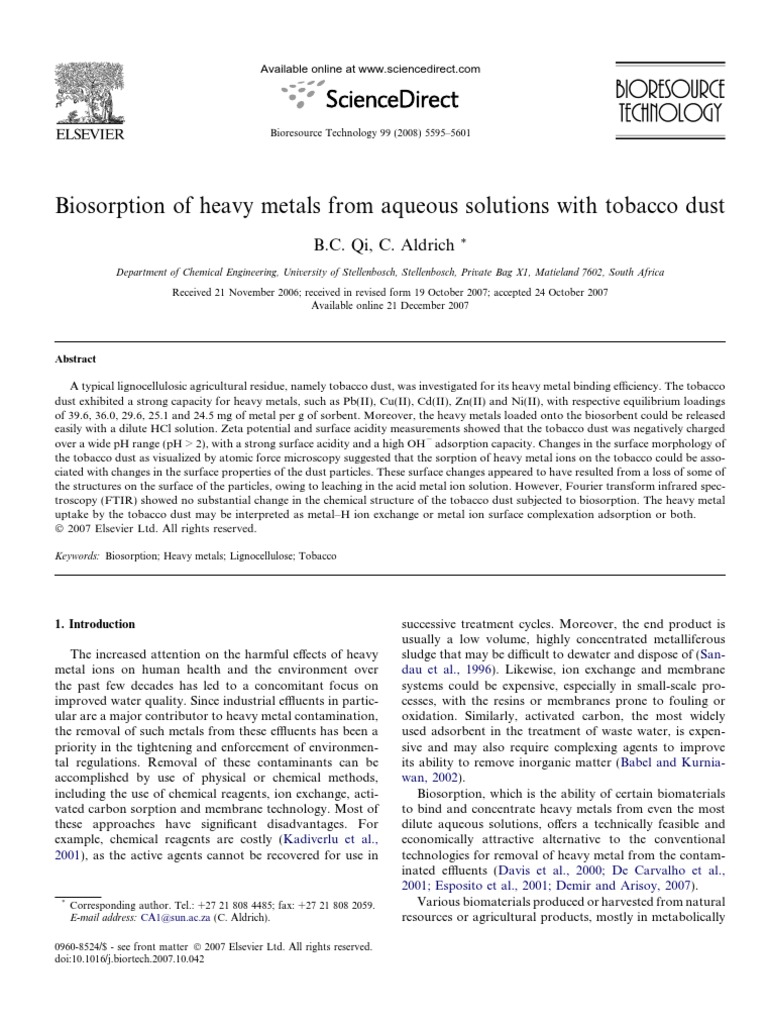 Biosorption of Heavy Metals From Aqueous Solutions With Tobacco Dust ...