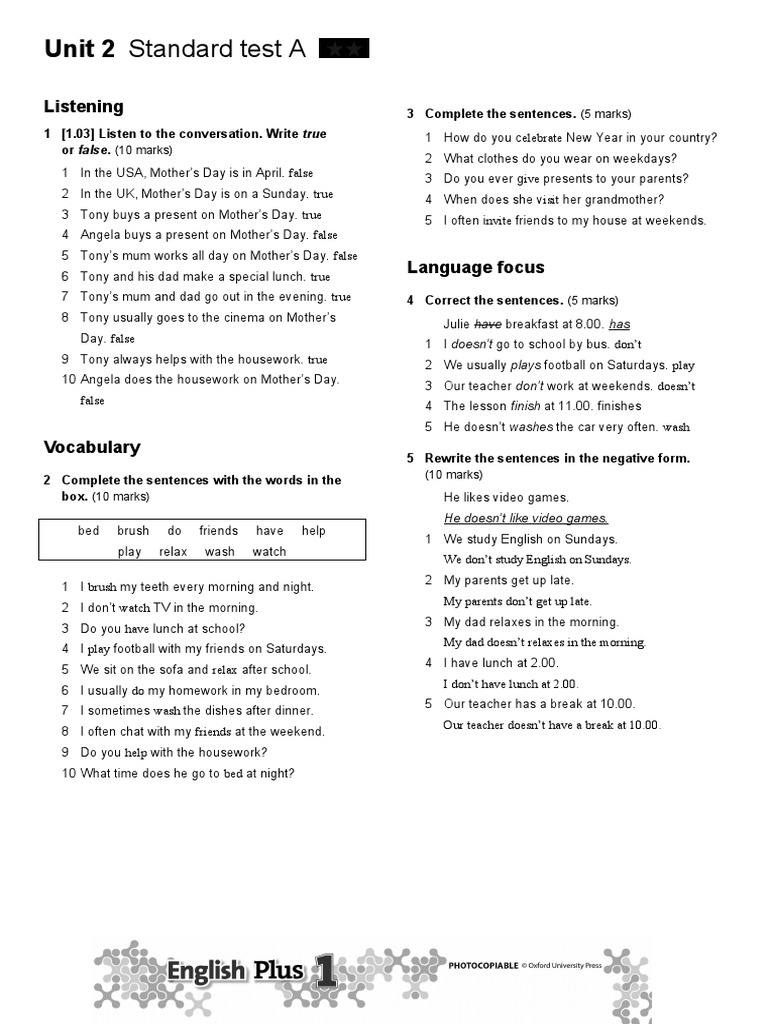 Unit 2 Standard Test A Overview | PDF | Lunch | Vocabulary