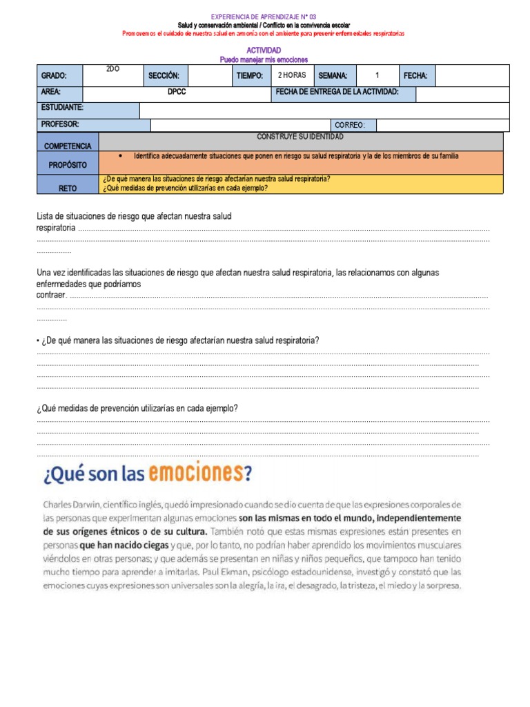 Ficha Semana 1 - Exp. 3 - DPCC 2do | PDF | Las emociones | Aprendizaje