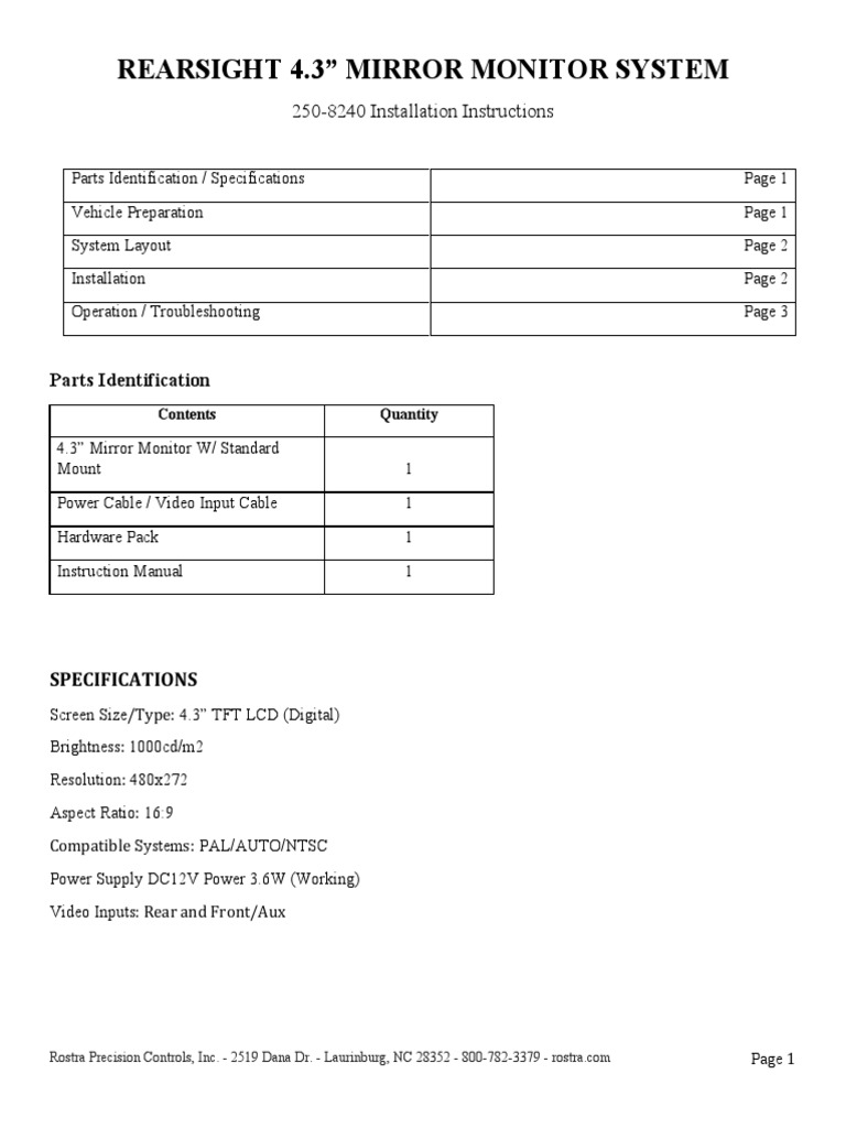 Rostra 250 8240 Install User Manual | PDF | Computer Monitor | Camera