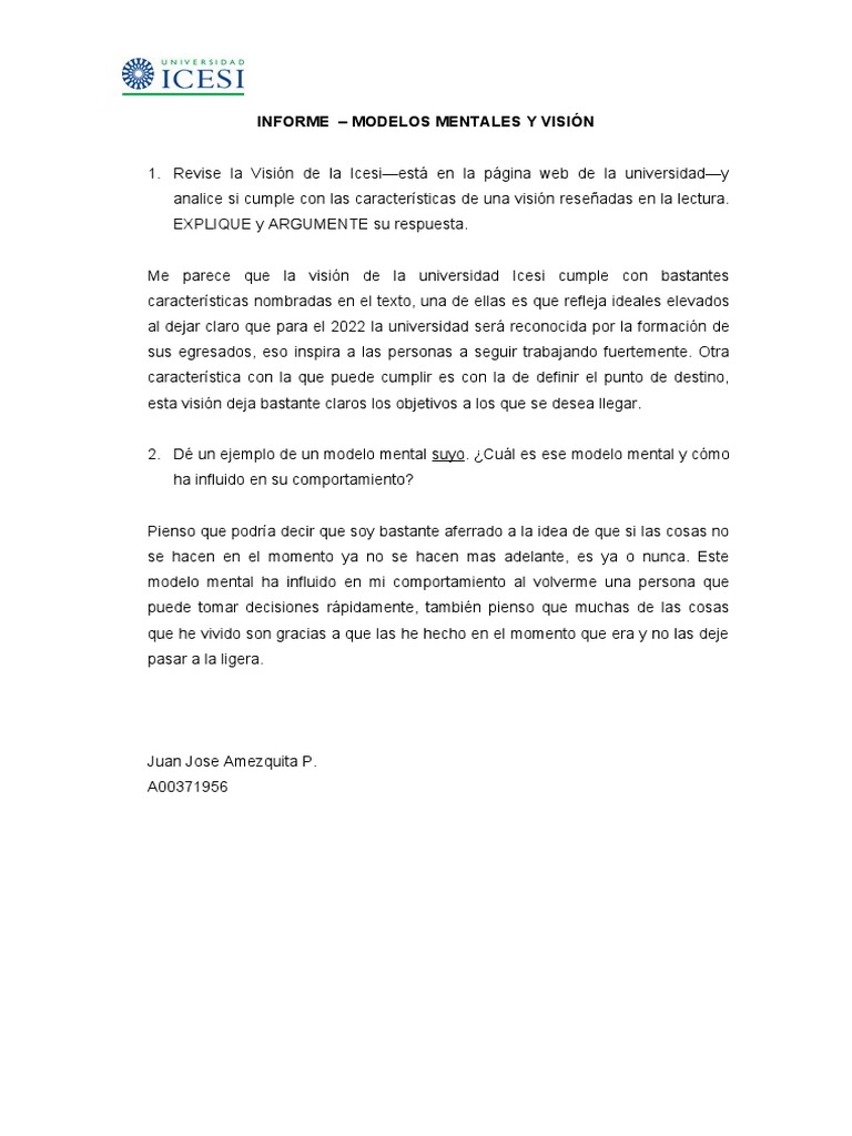 Análisis de Visión y Modelos Mentales | PDF | Relaciones personales ...