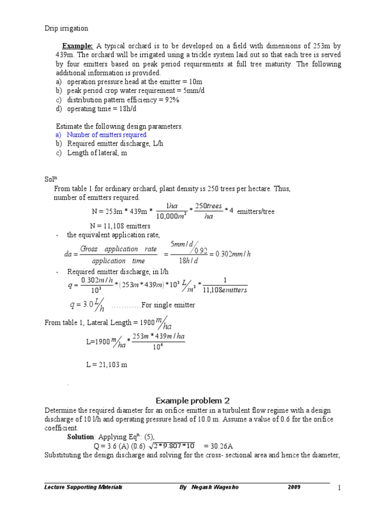 Drip Irrigation Design Calculations | PDF | Reynolds Number | Fluid ...