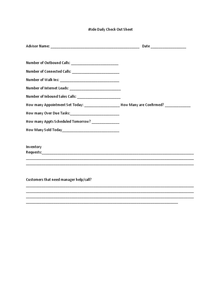 Iride Daily Check Out Sheet | PDF | Finance & Money Management
