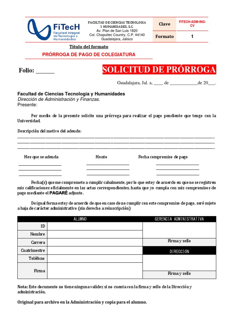 Solicitud de Prórroga de Pago Universitario | PDF