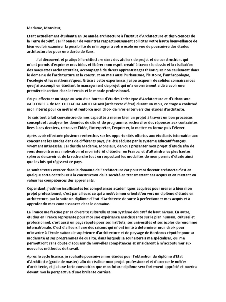 Lettre de motivation pour école d'architecture PDF Architecte — free download
