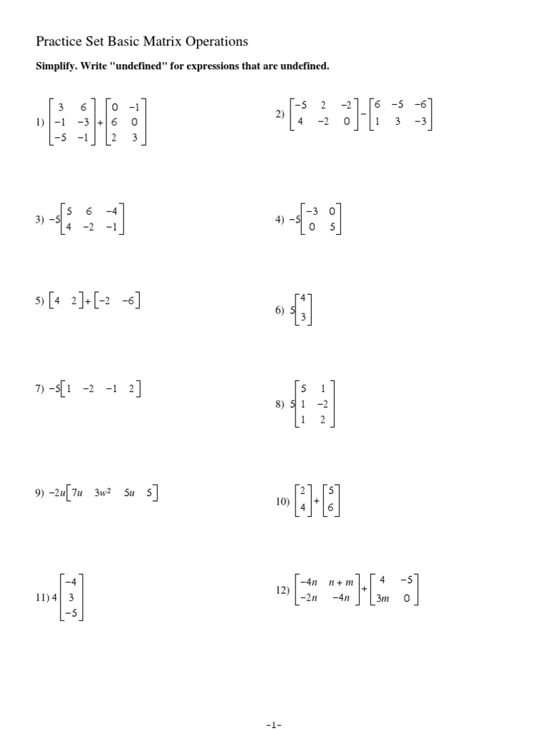 Basic Matrix Operations Practice Set | PDF