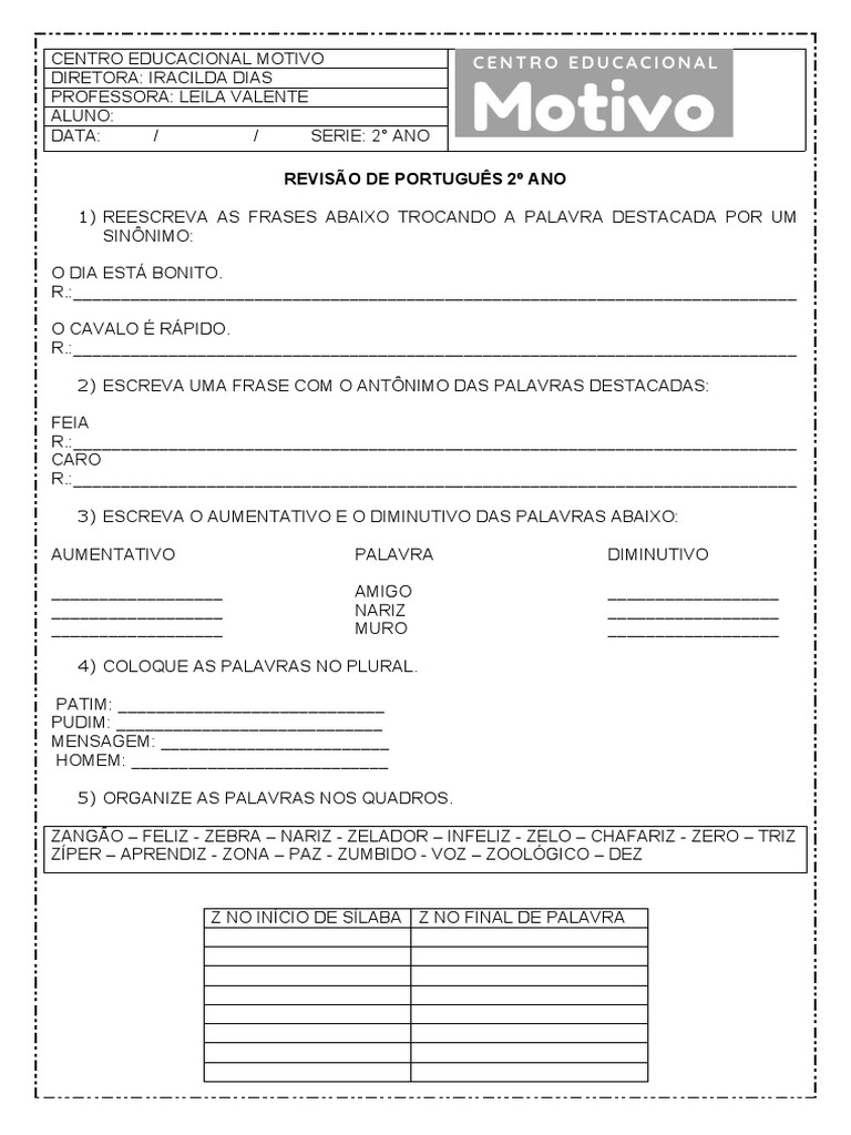 Avaliação Portugues 2 Ano | PDF