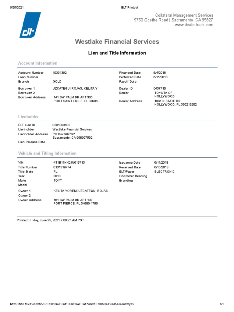 Westlake Financial Services Lien and Title Information PDF Liability (Financial Accounting