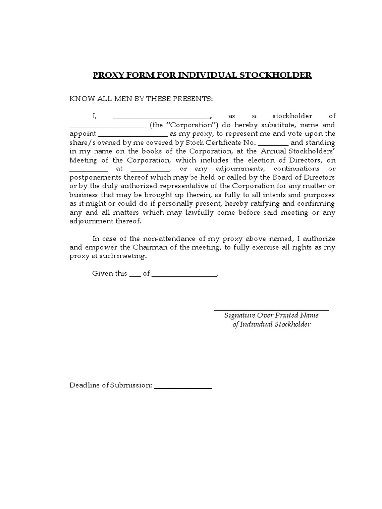 Proxy Form For Individual Stockholder | PDF | Proxy Voting | Board Of ...