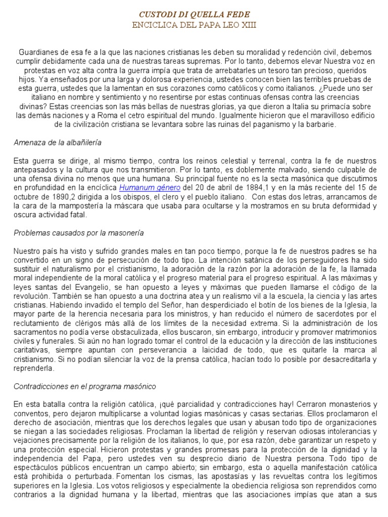 Custodi Di Quella Fede PDF Iglesia Católica Masonería