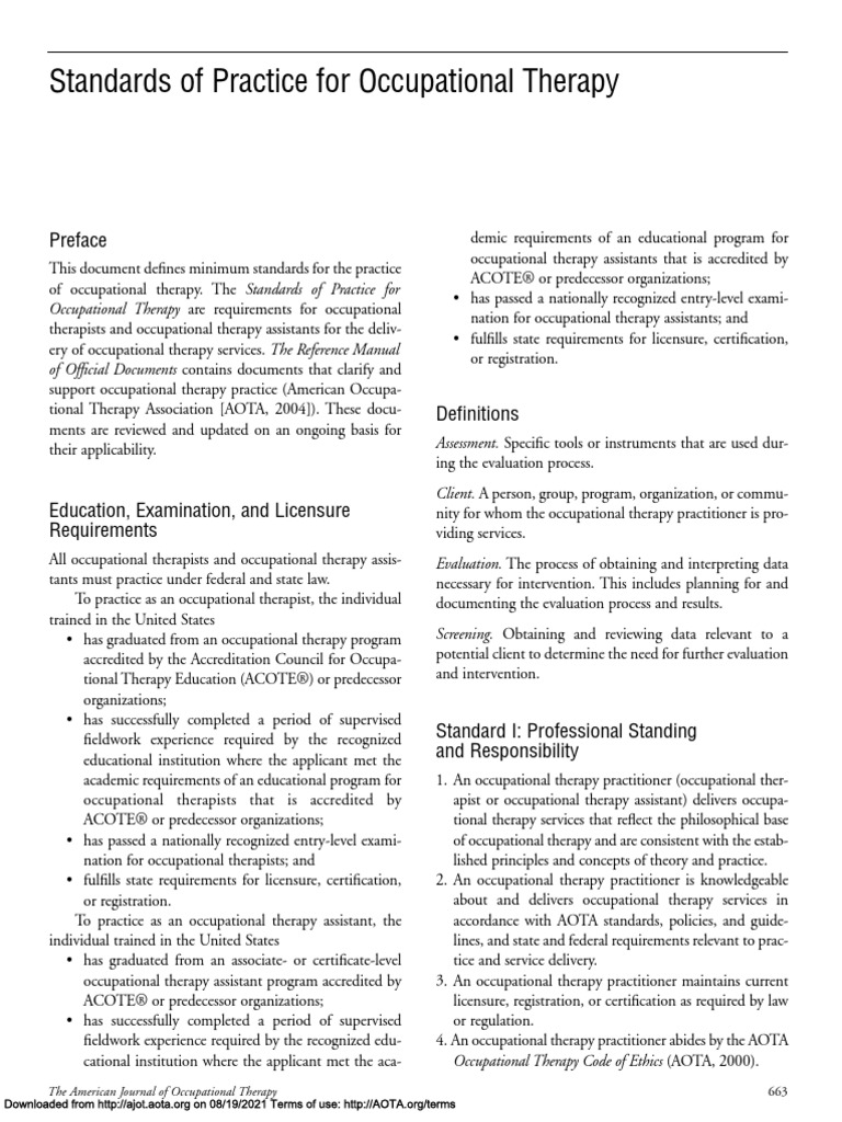 Standards of Practice For OT | PDF | Occupational Therapy | Psychotherapy
