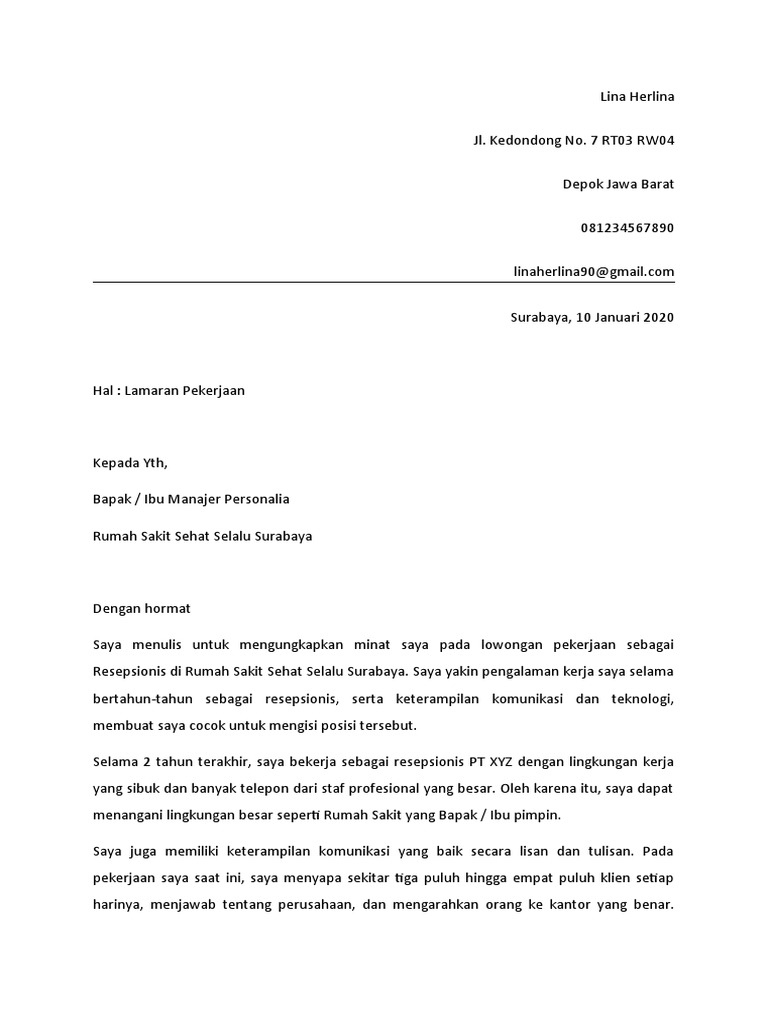 Contoh Surat Lamaran Kerja Resepsionis | PDF