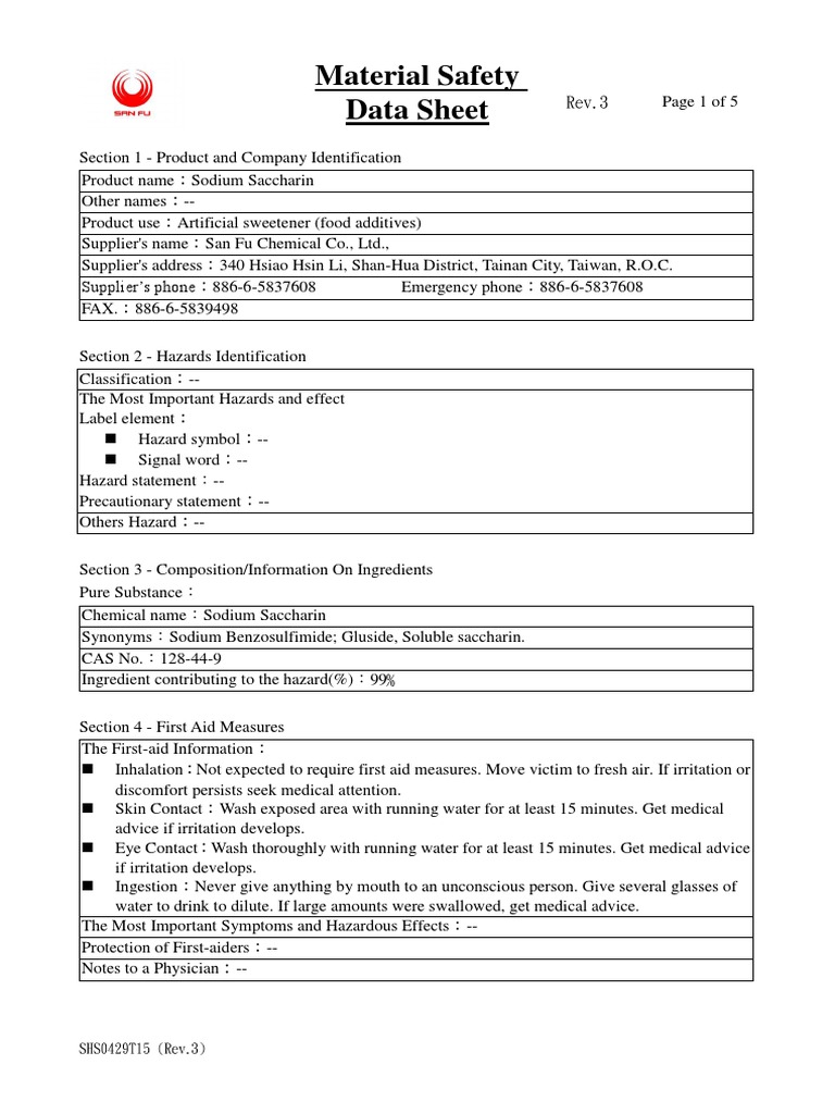 Sodium Saccharin MSDS in English SHS0429T15 PDF Personal Protective