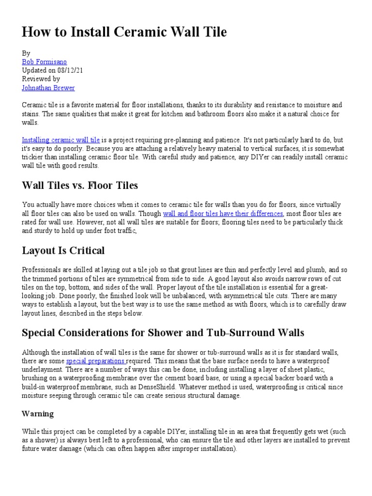 Installing Ceramic Wall Tile Guide | PDF | Tile | Countertop