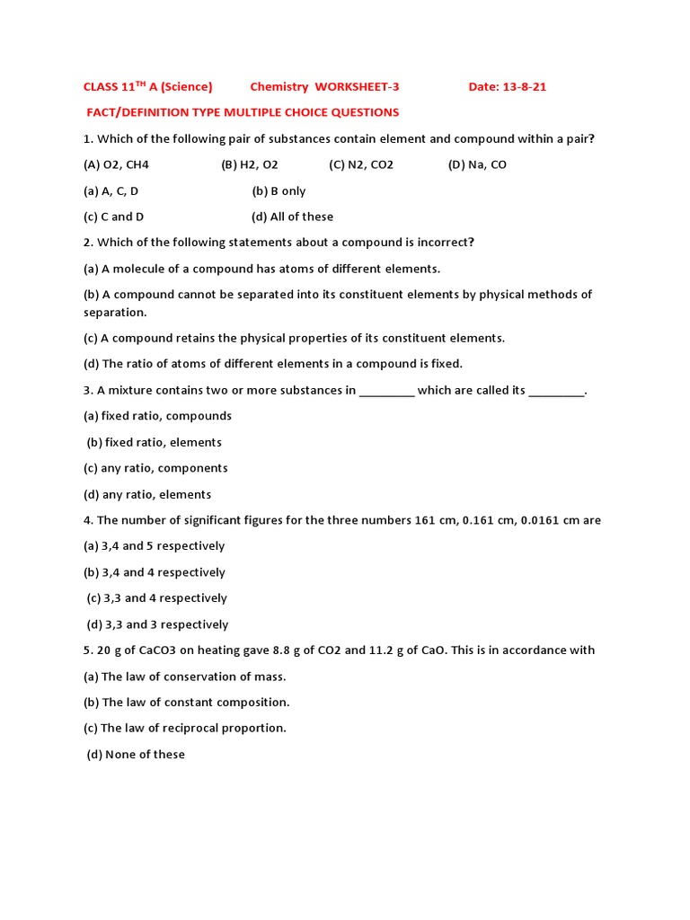 Class 11 A (Science) Chemistry WORKSHEET-3 Date: 13-8-21 Fact ...
