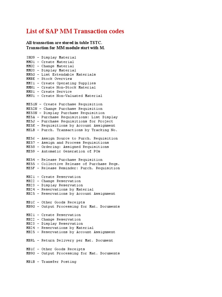 list-of-sap-mm-transaction-codes