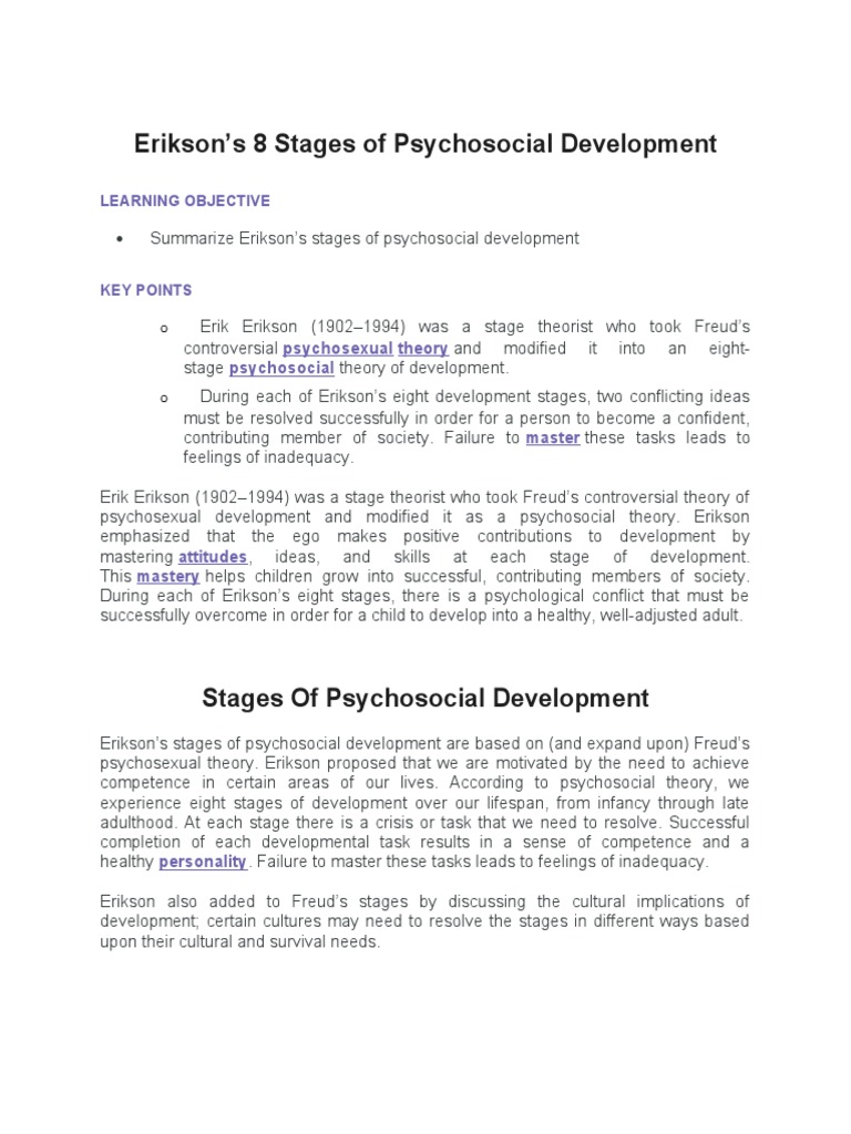Erikson's 8 Stages of Psychosocial Development | PDF | Adolescence ...