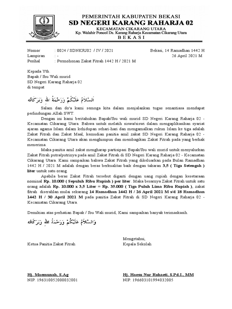 Surat Permohonan Zakat Fitrah | PDF