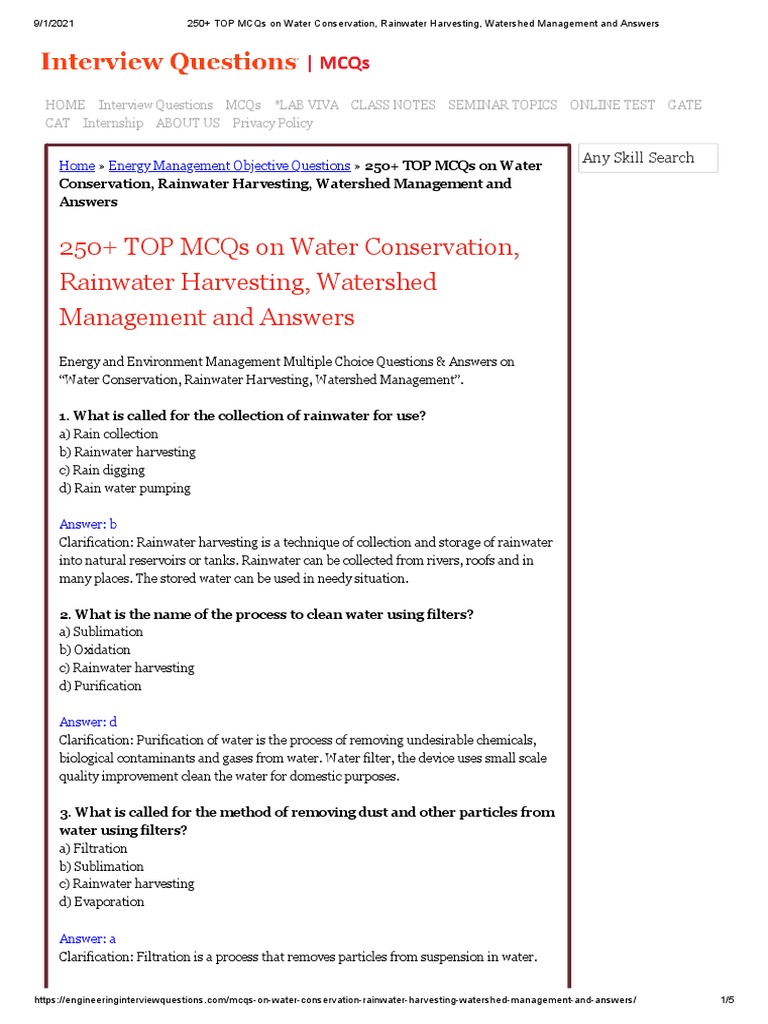 250+ TOP MCQs On Water Conservation, Rainwater Harvesting, Watershed