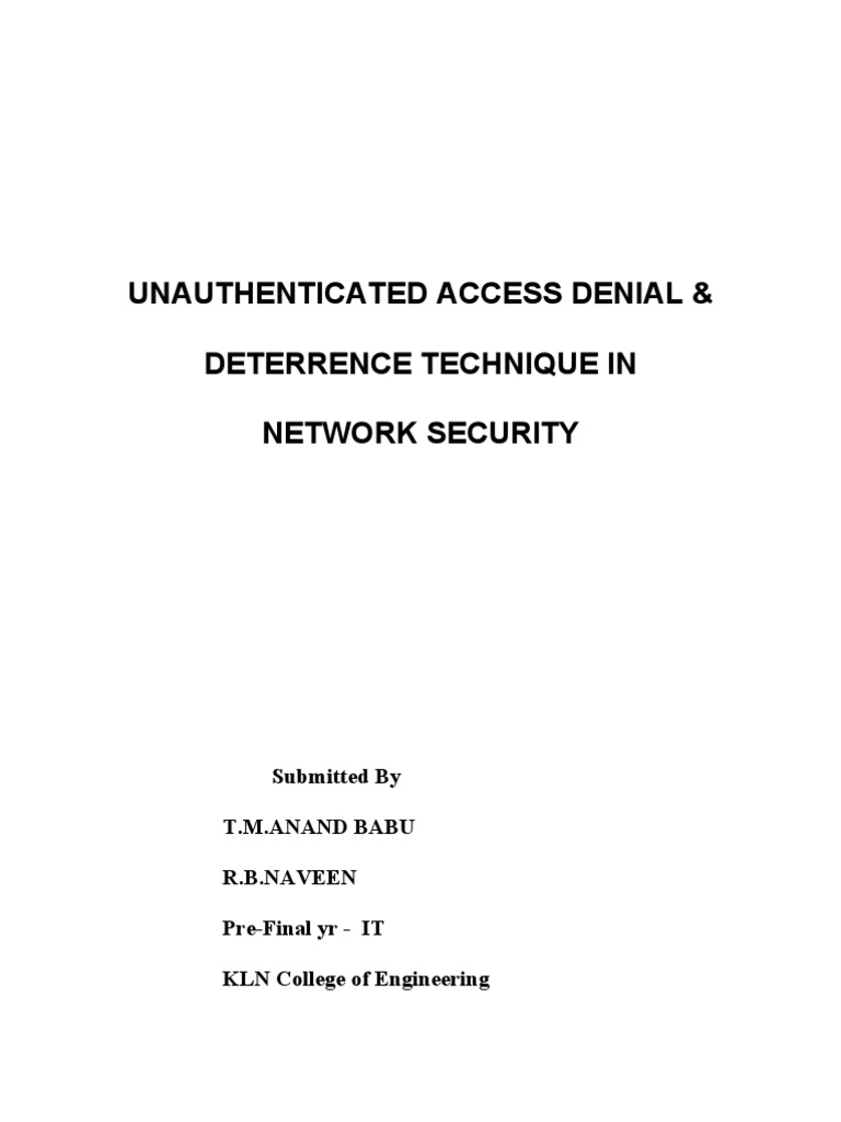 Unauthenticated Access Denial & Deterrence Technique in Network Security PDF Password