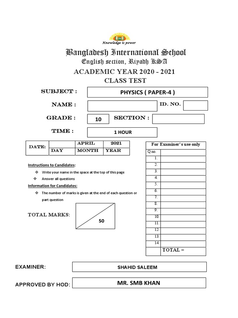Grade 10, Class Test-P4 | PDF | Educational Assessment And Evaluation ...